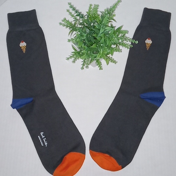 Paul Smith Embroidered Cotton Dress Socks. Mens. Charcoal Gray, Orange & Blue. - Picture 4 of 7